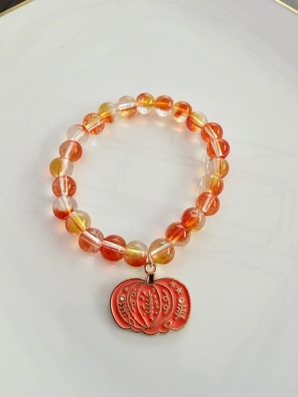 Orange Bead Stretch Bracelet with Pumpkin Charm